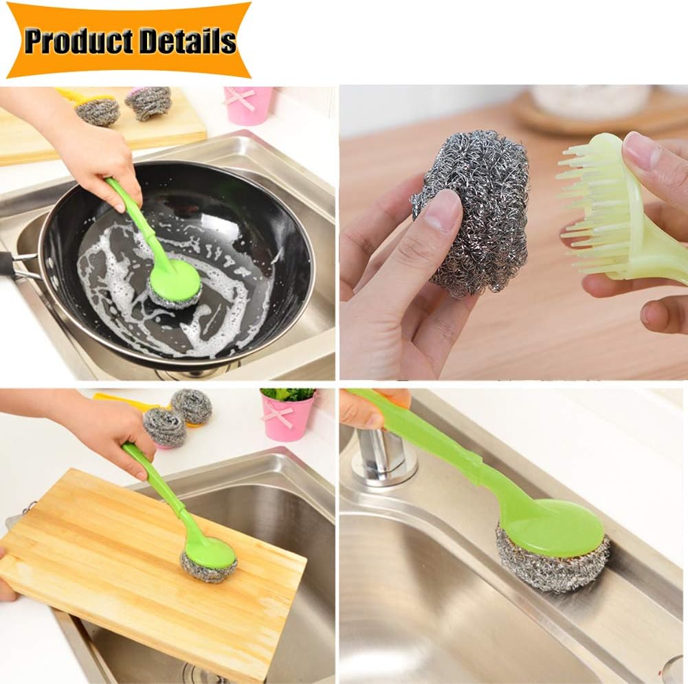 18 PCS Stainless Steel Sponges Scrubbers Cleaning Ball Utensil Scrubber Metal Scrubber Scouring Pads Ball for Pot Pan Dish Wash Cleaning for Removing Rust Dirty Cookware Cleaner with Handle (18 Pack)