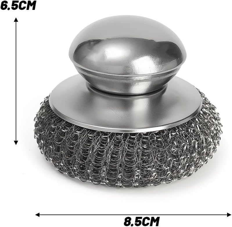 Stainless Steel Wool Scrubber with Handle, Heavy Duty Detachable Metal Steel Scrubber Pads for Cleaning Dishes, Cast Iron Pots, Stoves, Kitchen Sink (Silver,10cm)