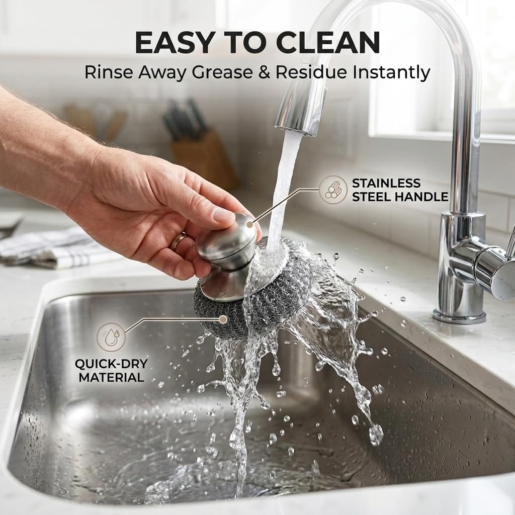 Steel Wool Scrubber with Handle & 5 Refills, 8-Piece Cast Iron Scrubber Kit with 2 Pan Scrapers, Heavy Duty Stainless Steel Scrubber for Kitchen Sink, Grill, Griddle, and Pots