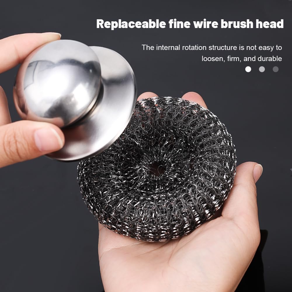 Stainless Steel Wool Scrubber with Handle, Heavy Duty Detachable Metal Steel Scrubber Pads for Cleaning Dishes, Cast Iron Pots, Stoves, Kitchen Sink (Silver,10cm)