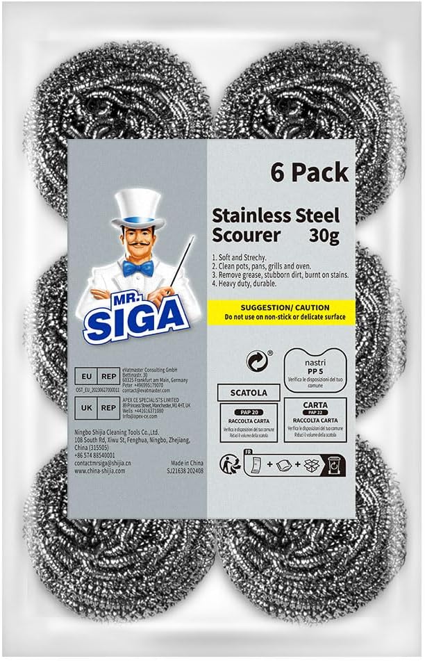 MR.SIGA Stainless Steel Scourer, Steel Wool Scrubbers, Pack of 6