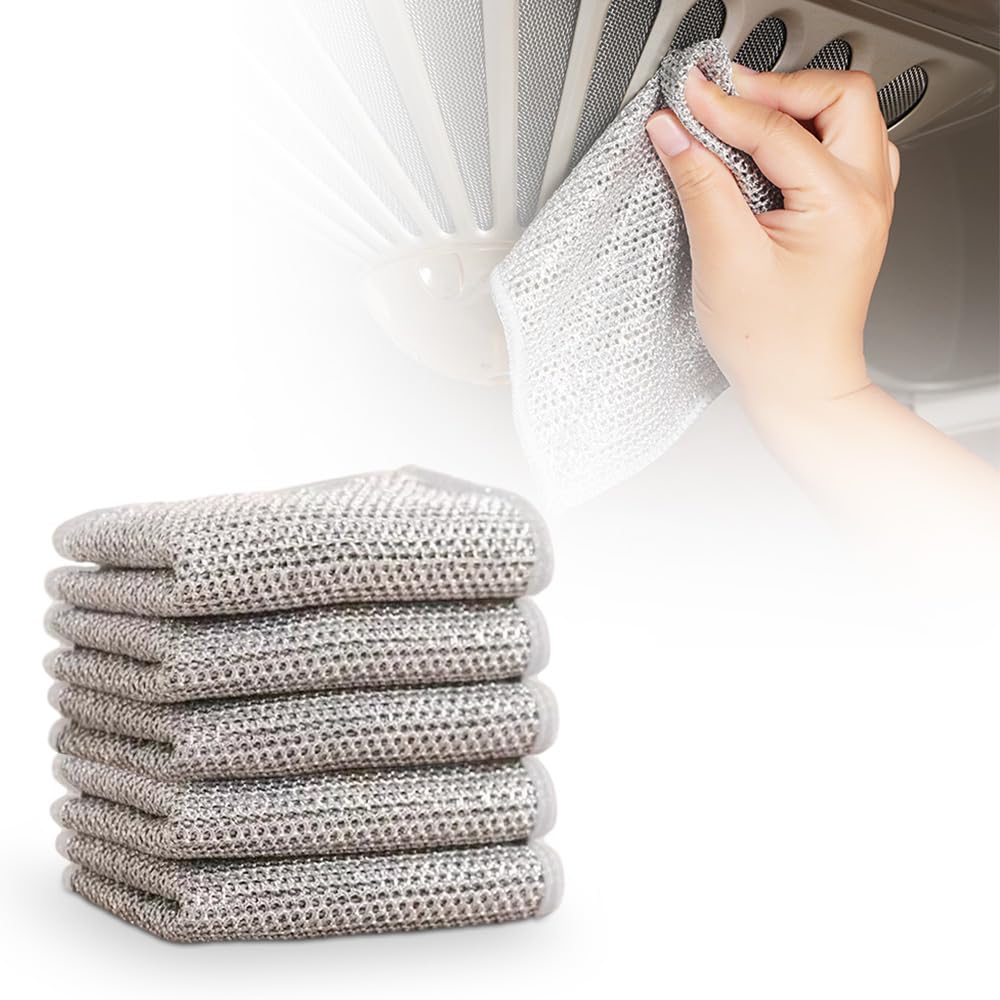 Cecurpo Multipurpose Wire Dishwashing Rags, New Silver Stainless Steel Dishwashing Cloth for Wet and Dry, Reusable Premium Metal Scrubbing Pads Sponge Clean Tool for Home Kitchen (5)