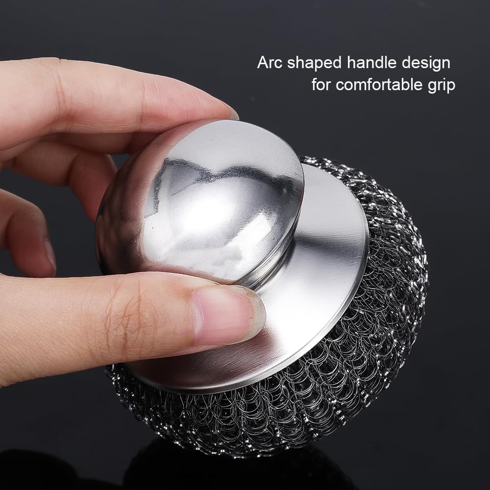Stainless Steel Wool Scrubber with Handle, Heavy Duty Detachable Metal Steel Scrubber Pads for Cleaning Dishes, Cast Iron Pots, Stoves, Kitchen Sink (Silver,10cm)