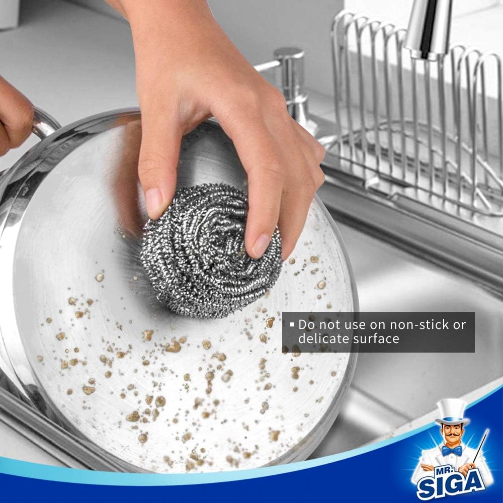 MR.SIGA Stainless Steel Scourer, Steel Wool Scrubbers, Pack of 6