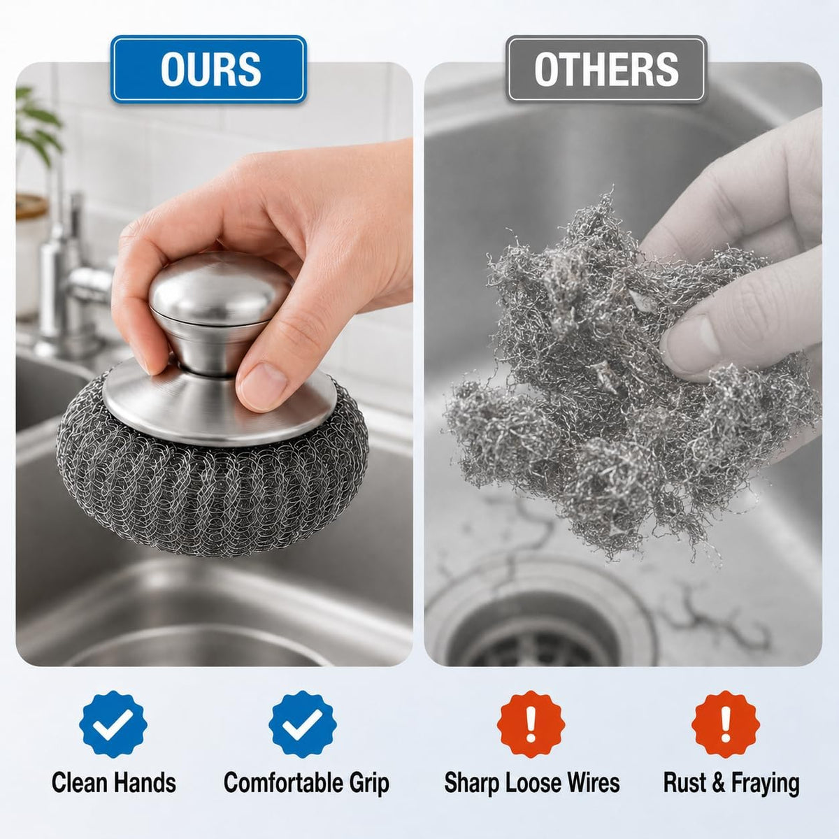 Steel Wool Scrubber with Handle & 5 Refills, 8-Piece Cast Iron Scrubber Kit with 2 Pan Scrapers, Heavy Duty Stainless Steel Scrubber for Kitchen Sink, Grill, Griddle, and Pots