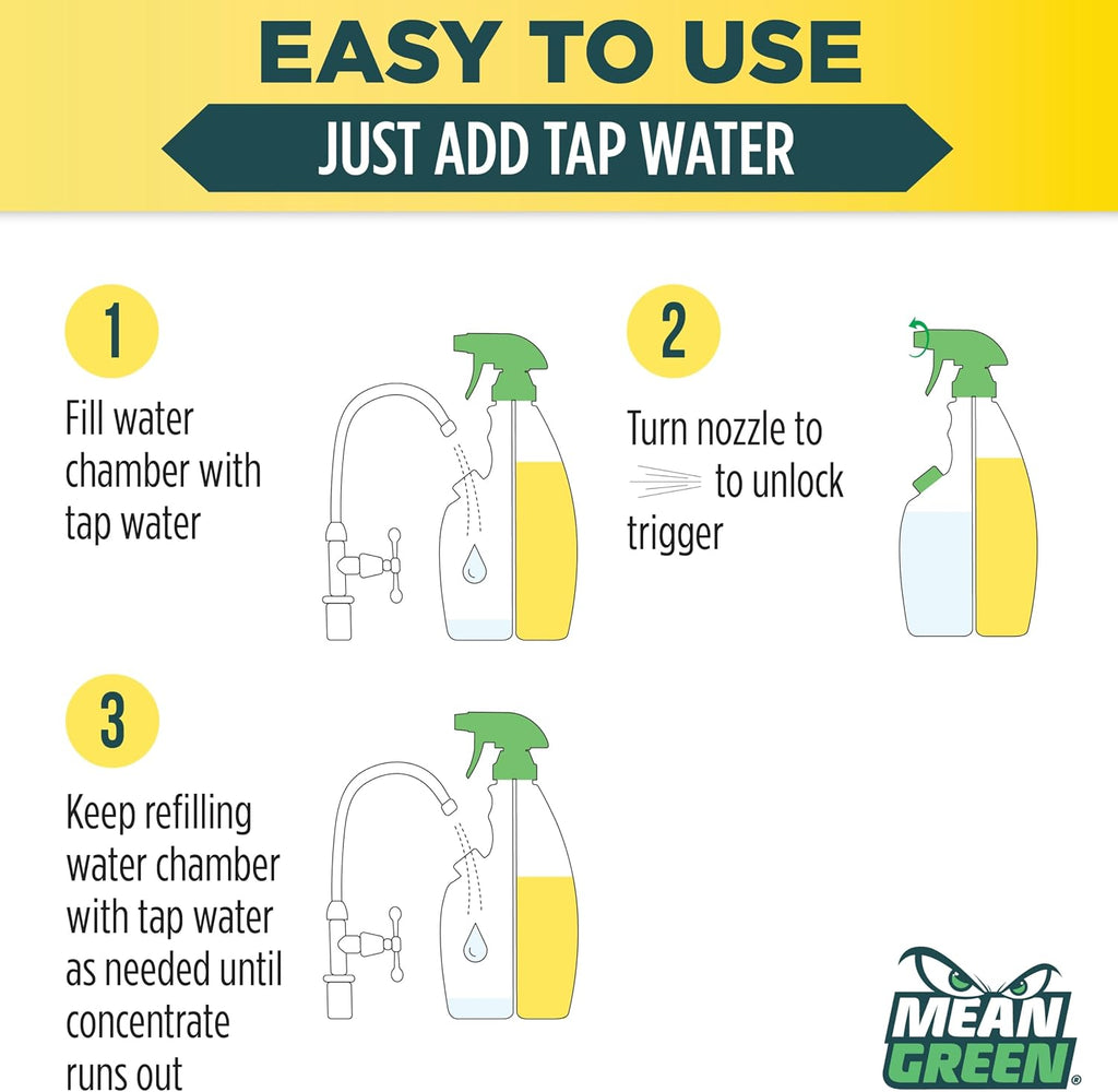 Mean Green Refillable Ultra Powered Multi-Purpose Cleaner Concentrate, Citrus & Green Tea, 14.3 fl oz (2-Pack) – Plant & Mineral Based, Cuts Through Grease & Grime, Refillable Bottle Makes 4X Refills