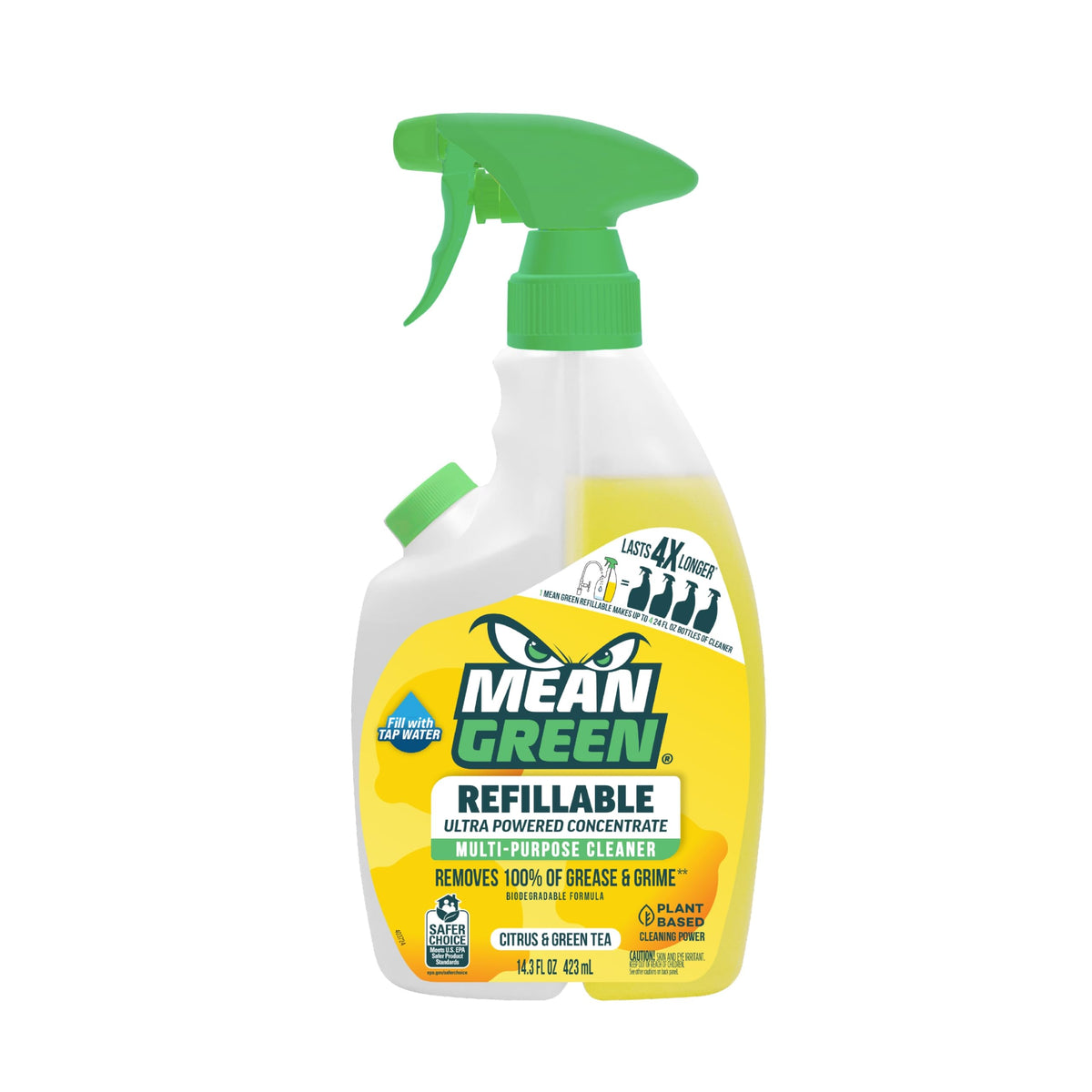 Mean Green Refillable Ultra Powered Multi-Purpose Cleaner Concentrate, Citrus & Green Tea, 14.3 fl oz (2-Pack) – Plant & Mineral Based, Cuts Through Grease & Grime, Refillable Bottle Makes 4X Refills