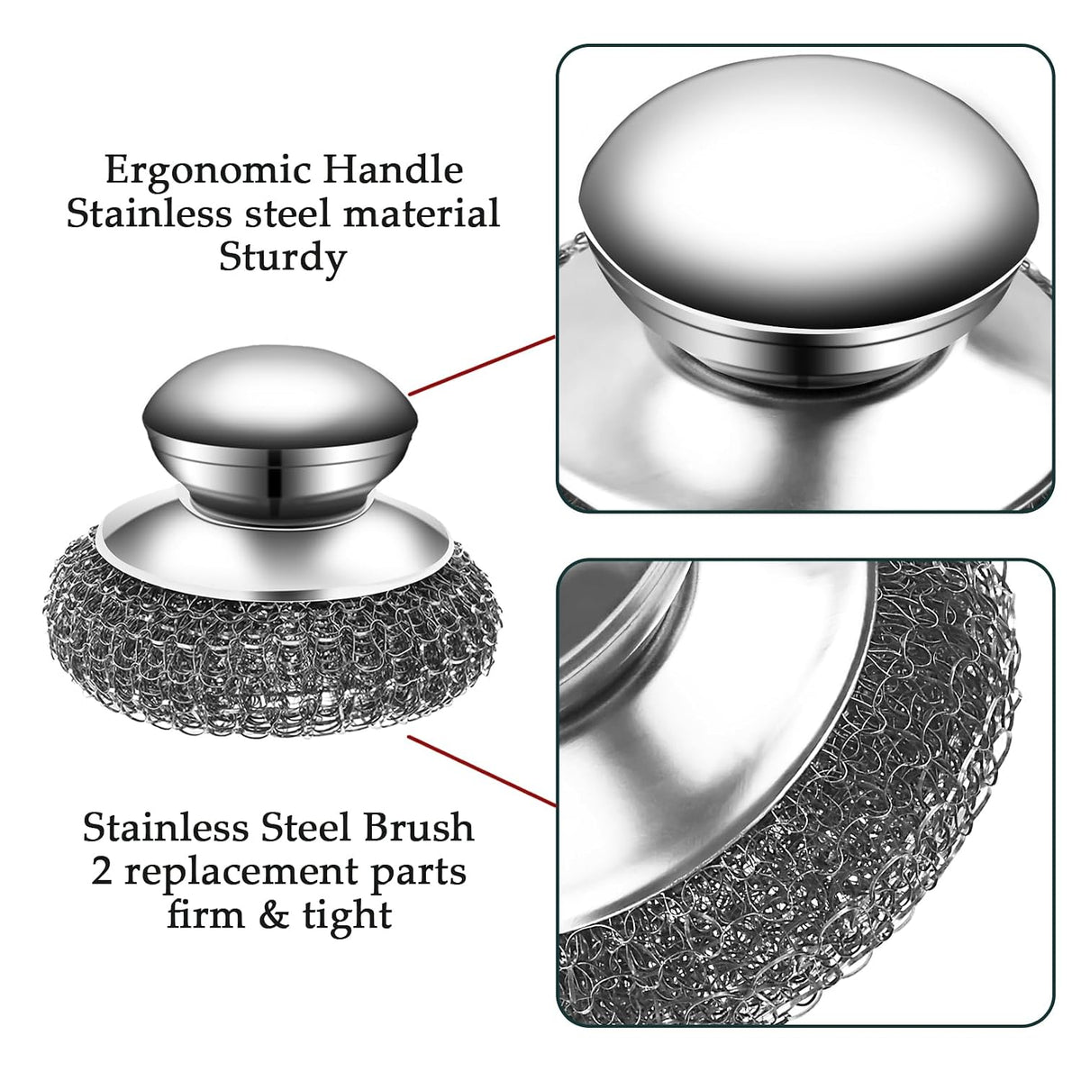 KTOJOY 2Pcs Stainless Steel Wool Scrubber Set with Handle，2 Replacement Steel Scrubber Wool Pads, and Scrubbing Brushes Cleaning Supplies for Pots, Pans, Grills, Sink