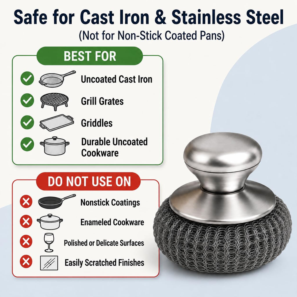 Steel Wool Scrubber with Handle & 5 Refills, 8-Piece Cast Iron Scrubber Kit with 2 Pan Scrapers, Heavy Duty Stainless Steel Scrubber for Kitchen Sink, Grill, Griddle, and Pots
