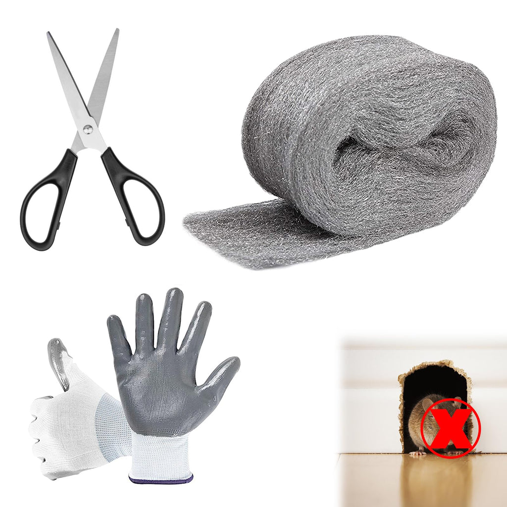 Steel Wool for Mice Control, 3.2" x12 ft Wool, Gap Filler for Home & Garage, DIY Bundle with Gloves & Scissors - 1 Pack