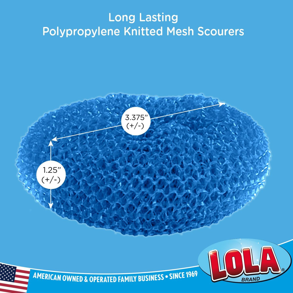 LOLA Plastic Mesh Scouring Pads - 3 Pack, 3.375" x 1.25", Non-Scratch Scrubbers to Clean Dishes, Assorted Colors - 1 Red, 1 Blue & 1 Yellow