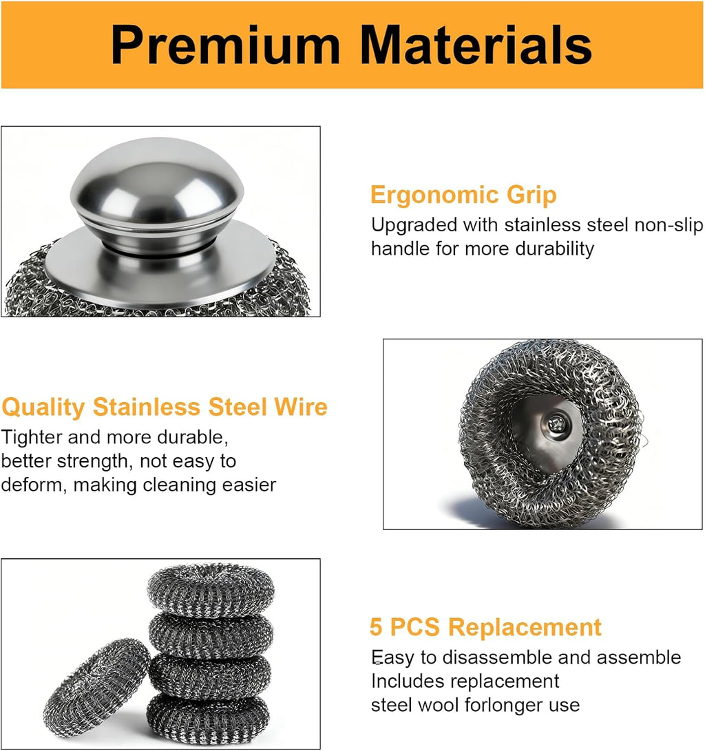 6pcs Steel Wool Scrubber with Replacement Wire Sponge Pads Set, Stainless Steel Scrubber for Dishes, Perfect for Cleaning Metal Pans, Pots, Grills & More, Sink(1 Scrubber+5 Pads)