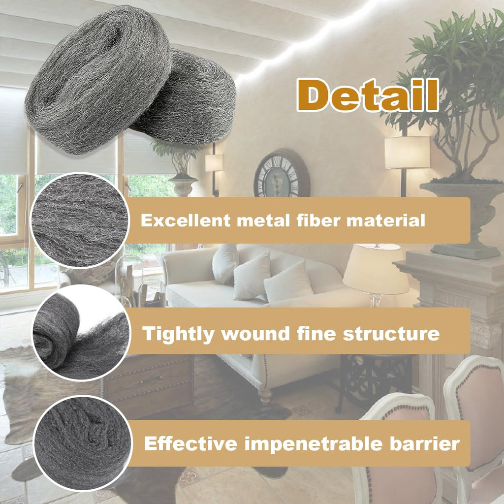2Pack Steel Wool for Mice Control 3.2" x10.5 ft Wool, Gap Filler for Home & Garage, DIY Bundle with Gloves & Scissors