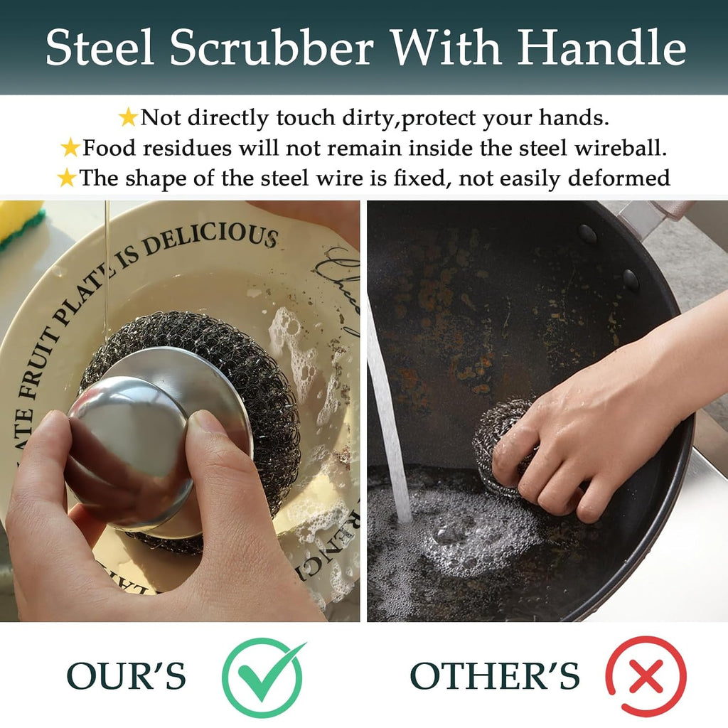 KTOJOY 2Pcs Stainless Steel Wool Scrubber Set with Handle，2 Replacement Steel Scrubber Wool Pads, and Scrubbing Brushes Cleaning Supplies for Pots, Pans, Grills, Sink