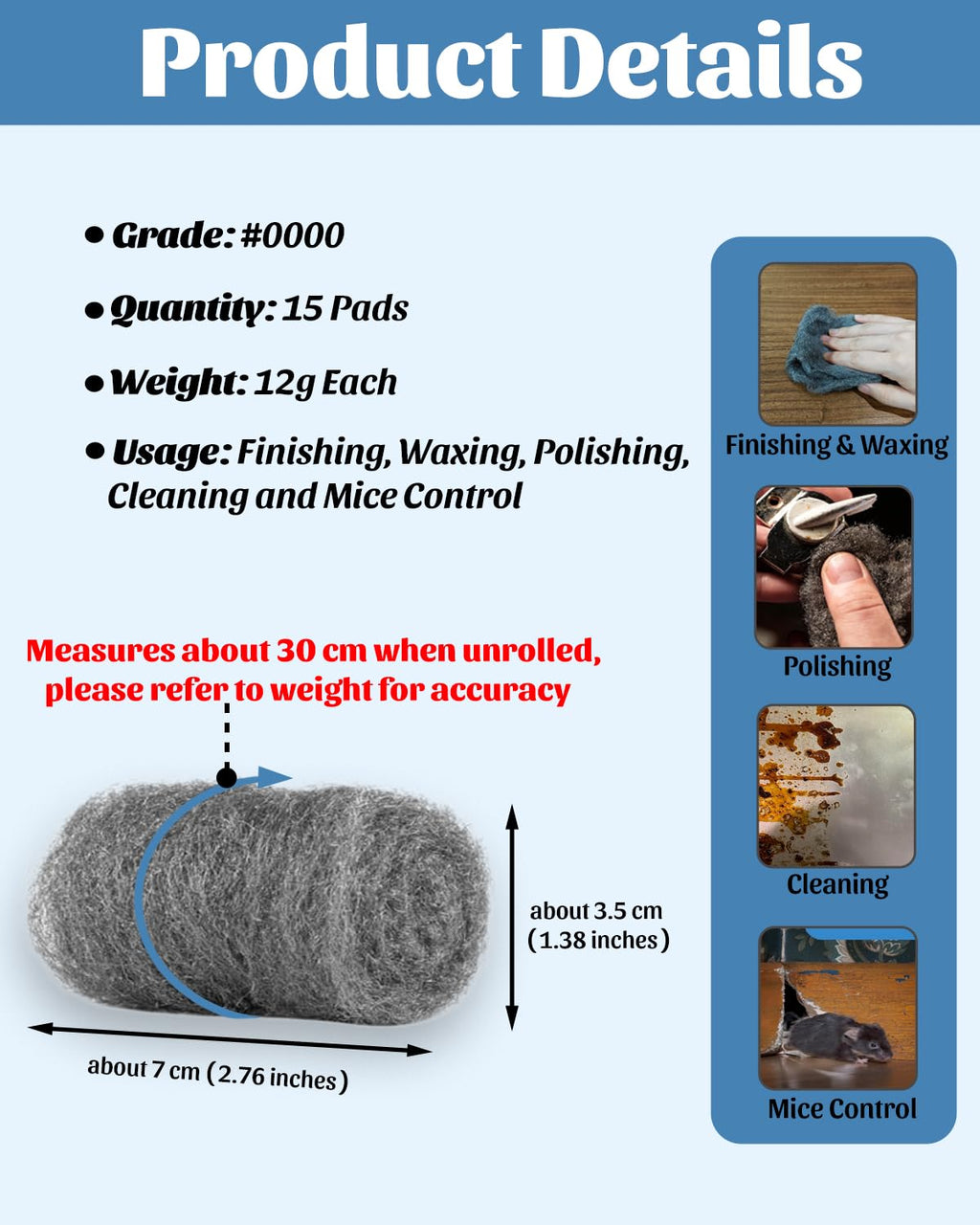TAFFY'S Steel Wool Pads 0000 for Glass - Extra Fine SteelWool for Cleaning & Polishing - Steel Wool Mice Control