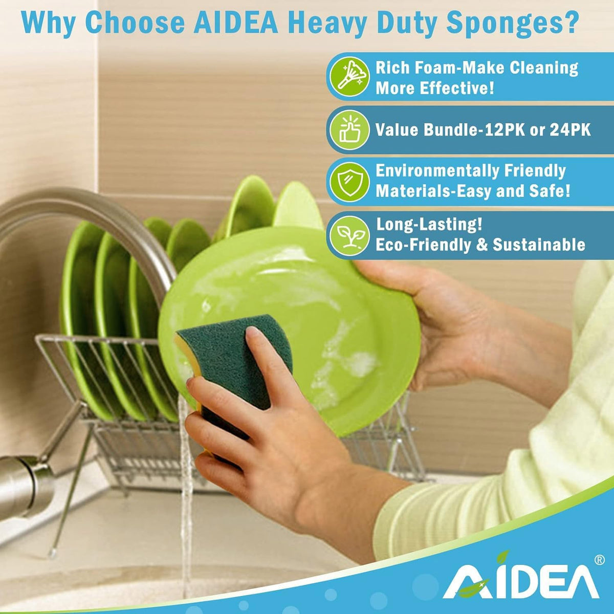 AIDEA Sponges Kitchen, 24-PK Heavy Duty Dish Sponges Kitchen, Scrub Sponges