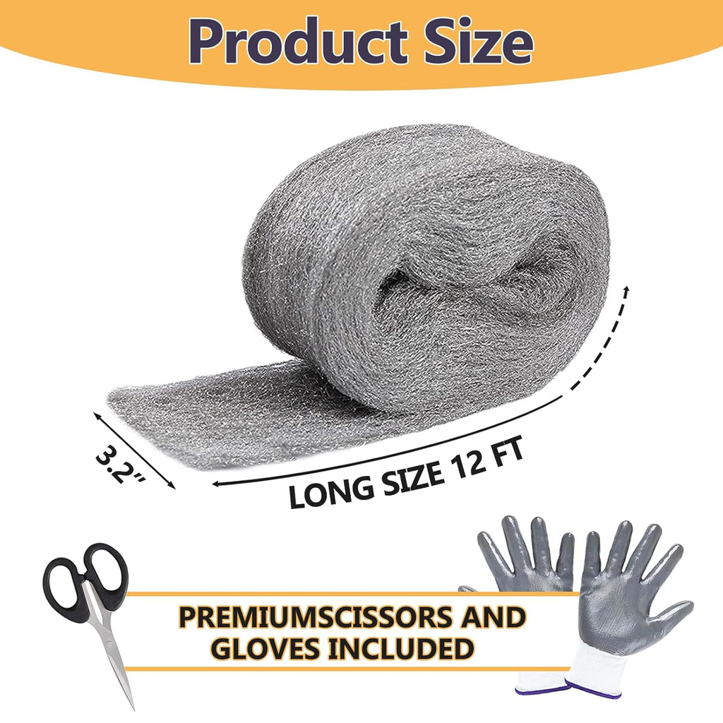 Steel Wool for Mice Control, 3.2" x12 ft Wool, Gap Filler for Home & Garage, DIY Bundle with Gloves & Scissors - 1 Pack