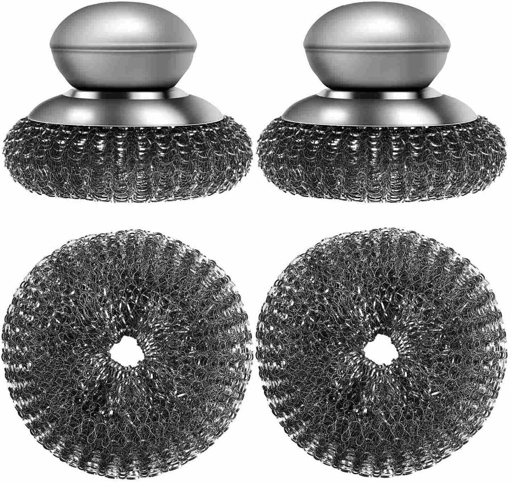 2 Pack Stainless Steel Wool Scrubber with Handle & 2 Pack Replacement Steel Scrubber Wool Pads for Cleaning Iron Pots Dishes Pans Metal Scrubbers for Kitchen Wash Sink Stoves Grills Pot Brush (Silver)