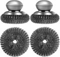 2 Pack Stainless Steel Wool Scrubber with Handle & 2 Pack Replacement Steel Scrubber Wool Pads for Cleaning Iron Pots Dishes Pans Metal Scrubbers for Kitchen Wash Sink Stoves Grills Pot Brush (Silver)