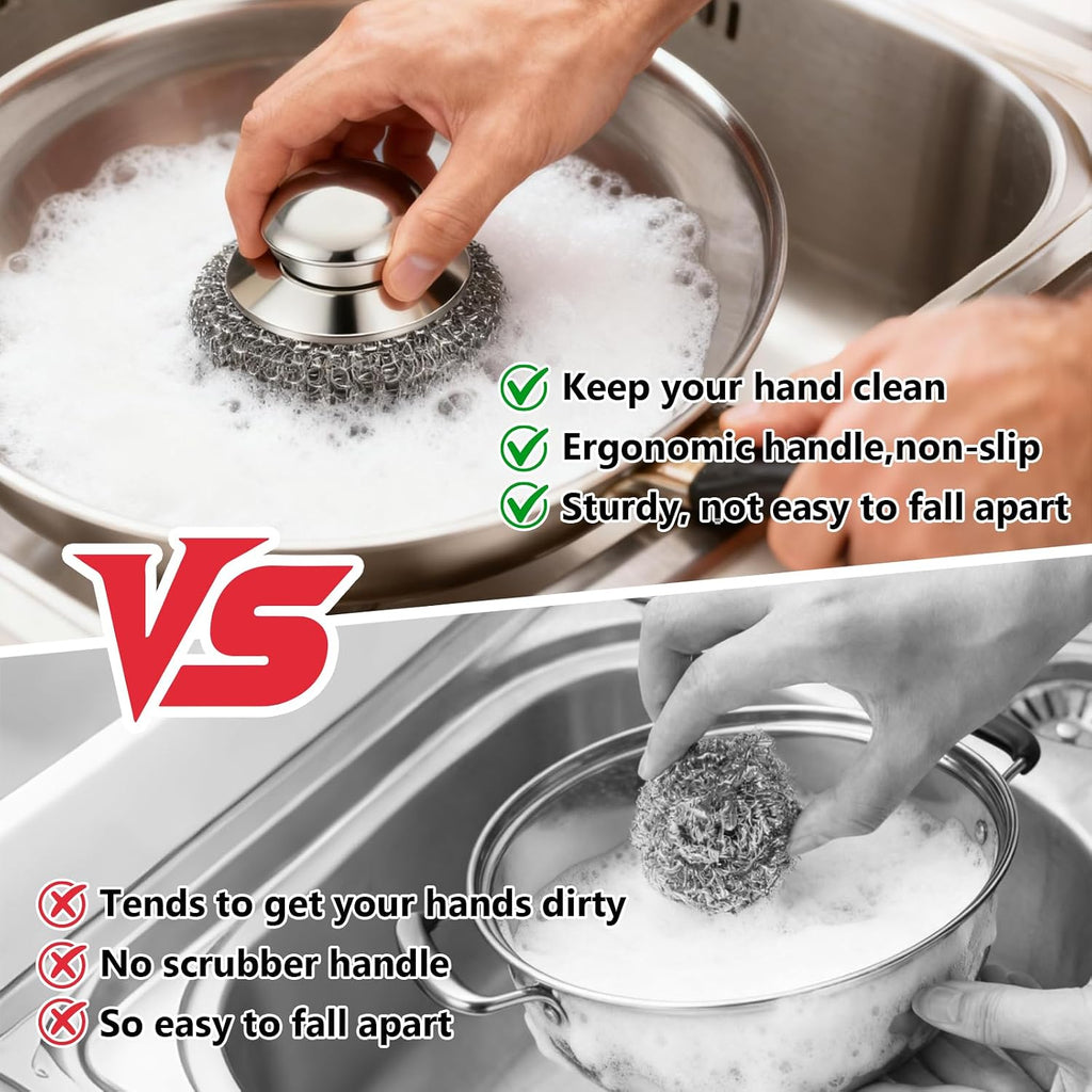 Steel Wool Scrubber, 4-Pack Stainless Steel Scrubber Pads with Handle - The Ultimate Scouring Solution for Rust, Stubborn Messes on Cookware, Grill, Oven & Kitchen Sinks