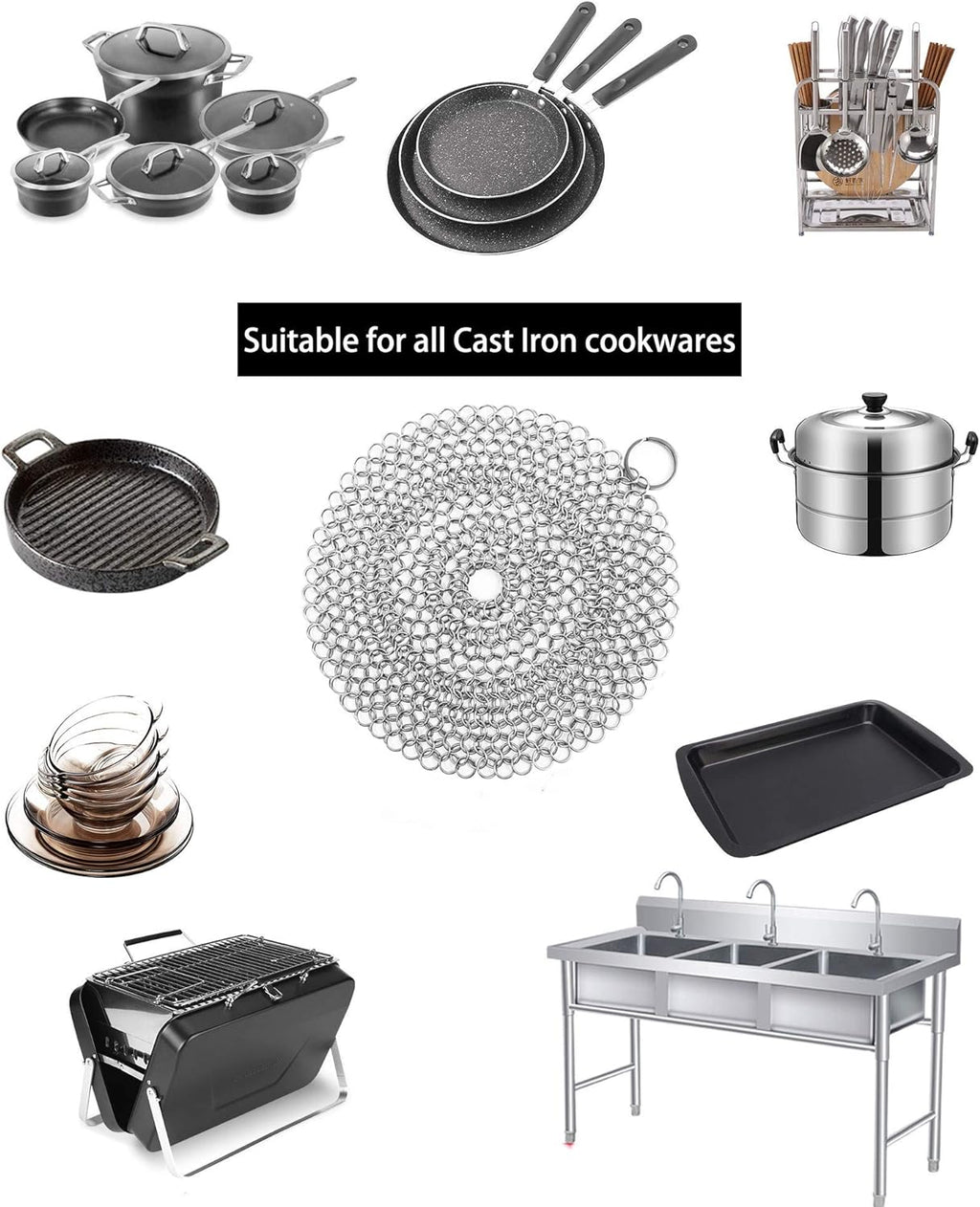 Cast Iron Skillet Cleaner Chainmail,2 Pack Premium Stainless Steel Chain Maille Scrubber for Cast Iron Pans,Stainless Steel,Glassware(7IN &5IN Round)