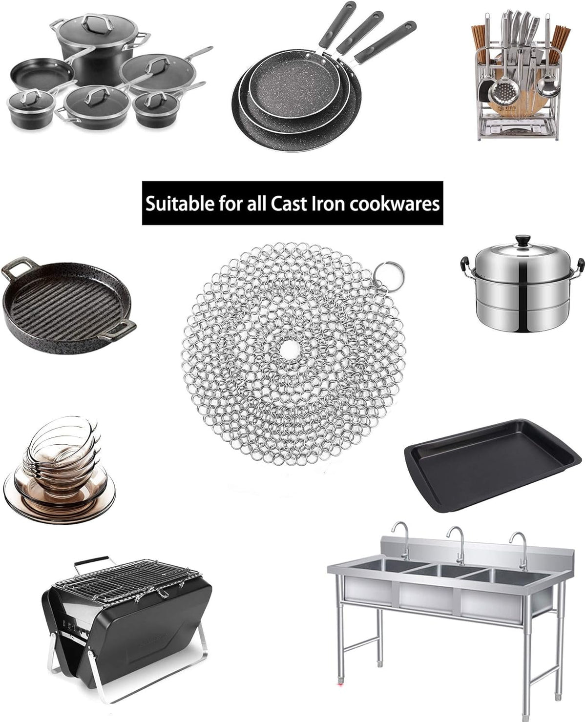 Cast Iron Skillet Cleaner Chainmail,2 Pack Premium Stainless Steel Chain Maille Scrubber for Cast Iron Pans,Stainless Steel,Glassware(7IN &5IN Round)