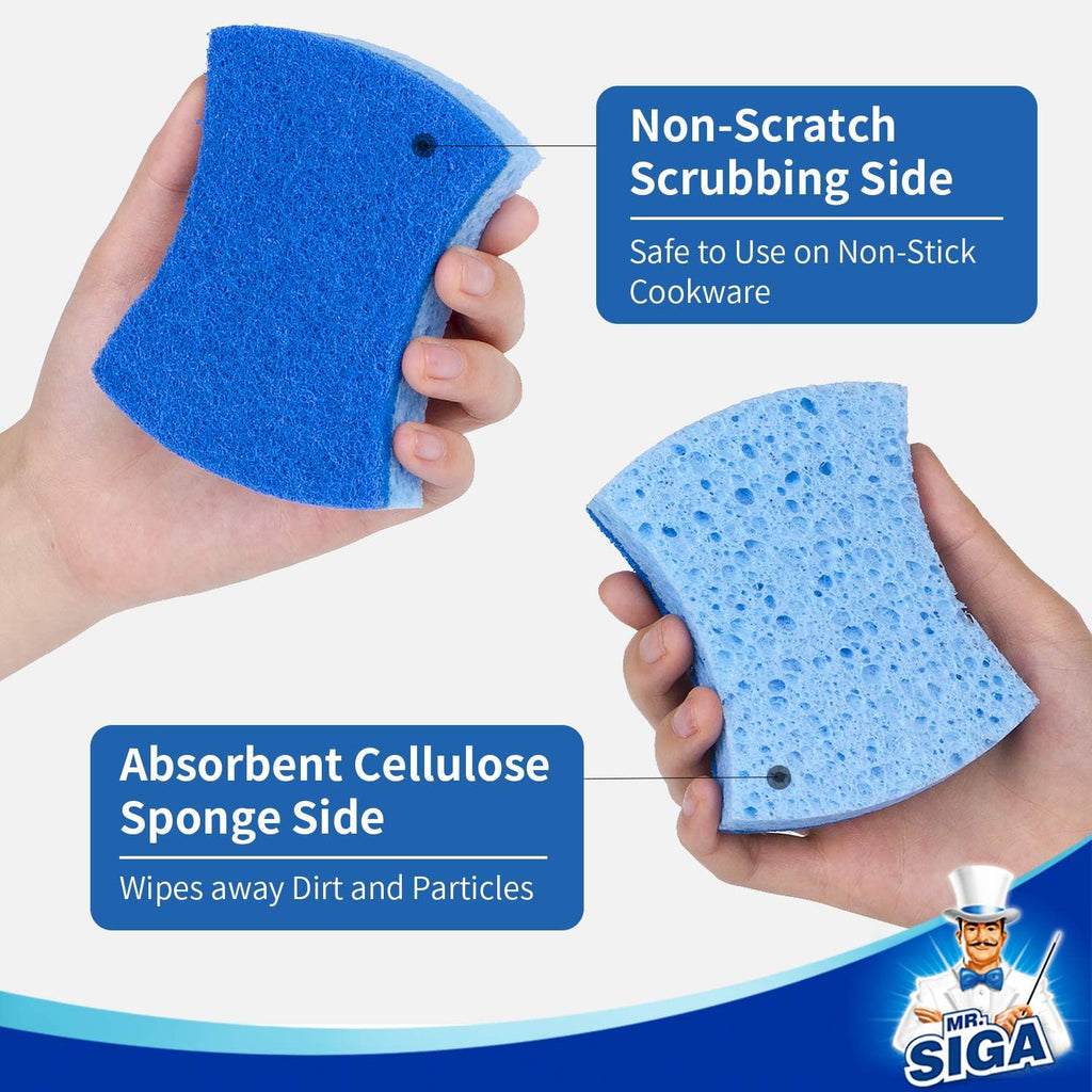 MR.SIGA Non-Scratch Cellulose Scrub Sponge, Dual-Sided Dish Sponge, 12 Pack