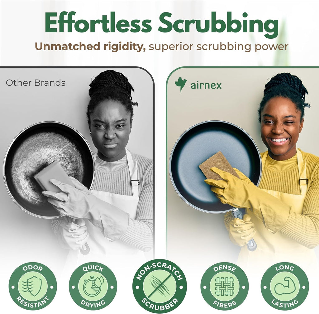 AIRNEX Plant-Based Scouring Pads for Dishes - Coconut Husk Non Scratch Scrub Pads - Natural Kitchen Scrubbing Pads for Pots & Pans - Eco Friendly & Non Abrasive Dish Scrubber Pads - Pack of 24