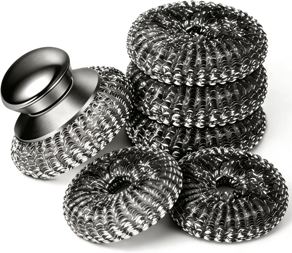 6pcs Steel Wool Scrubber with Replacement Wire Sponge Pads Set, Stainless Steel Scrubber for Dishes, Perfect for Cleaning Metal Pans, Pots, Grills & More, Sink(1 Scrubber+5 Pads)