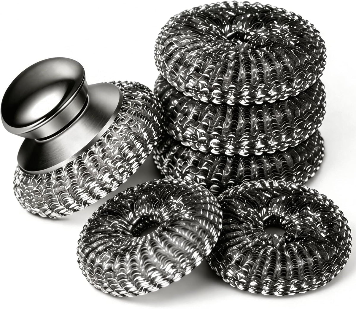 6pcs Steel Wool Scrubber with Replacement Wire Sponge Pads Set, Stainless Steel Scrubber for Dishes, Perfect for Cleaning Metal Pans, Pots, Grills & More, Sink(1 Scrubber+5 Pads)