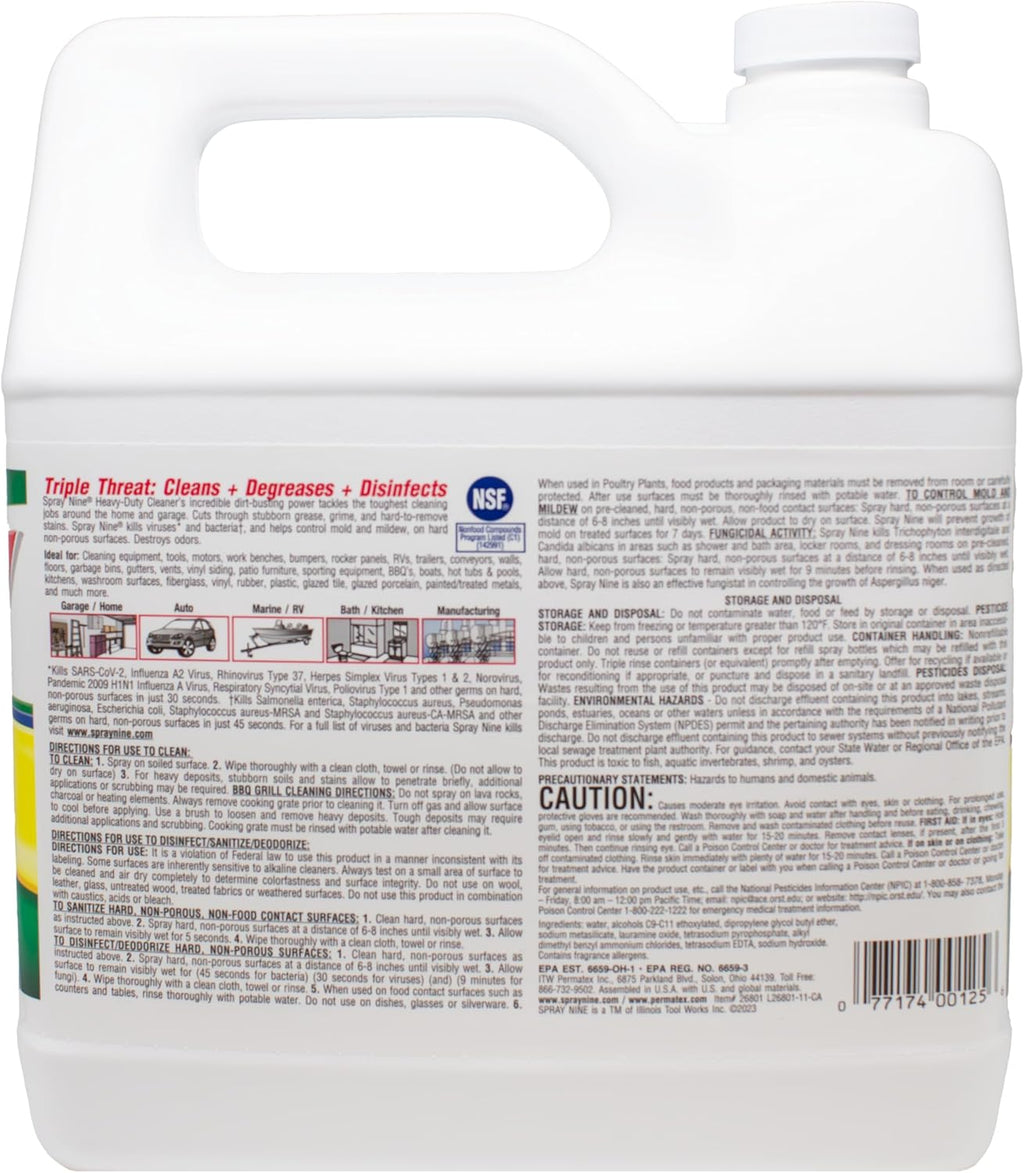 Spray Nine 26801 Heavy Duty Cleaner, Degreaser & Disinfectant for Home, Yard Equipment, Automotive & More - Refill for Spray Bottle 1 Gallon (Pack of 1)