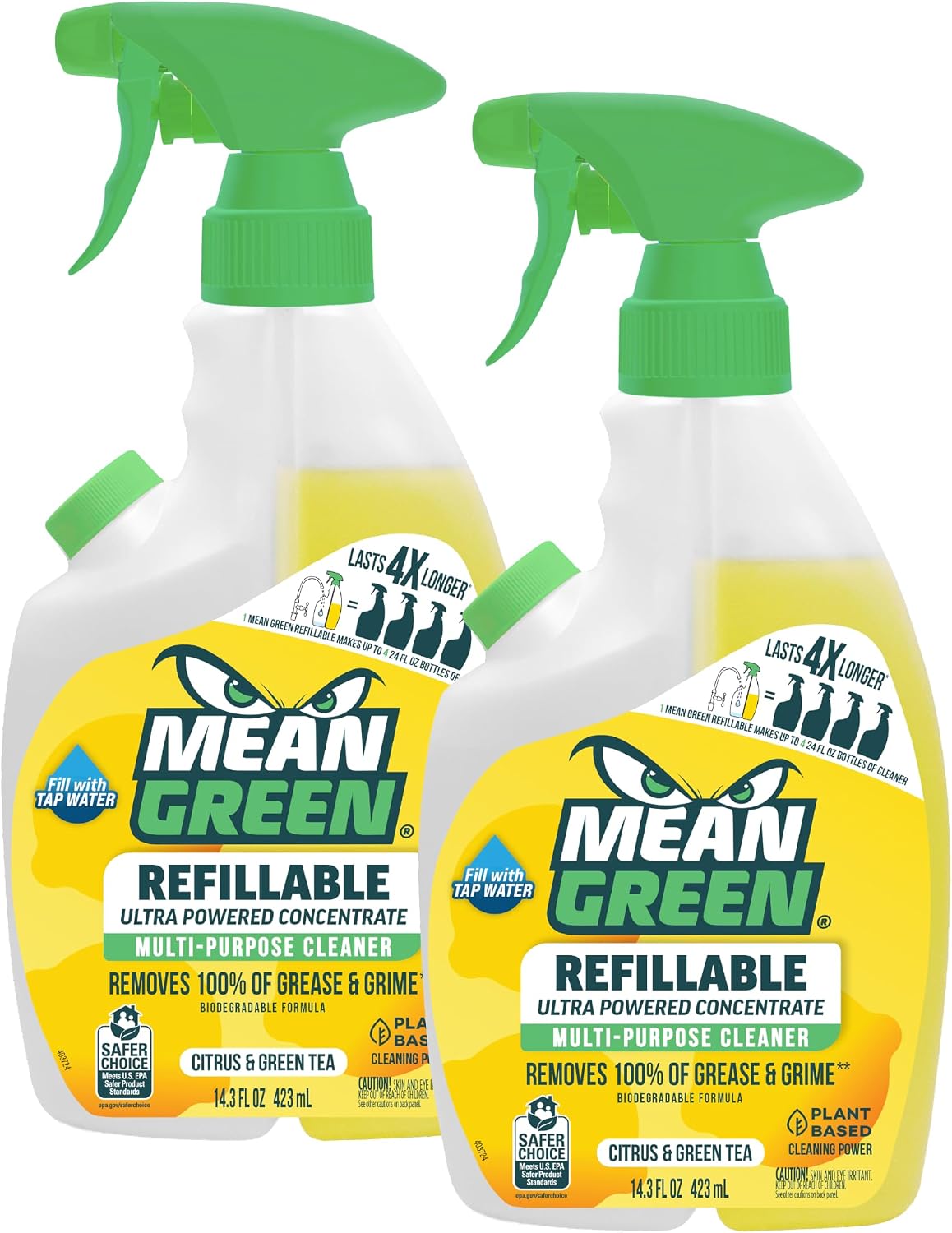 Mean Green Refillable Ultra Powered Multi-Purpose Cleaner Concentrate, Citrus & Green Tea, 14.3 fl oz (2-Pack) – Plant & Mineral Based, Cuts Through Grease & Grime, Refillable Bottle Makes 4X Refills