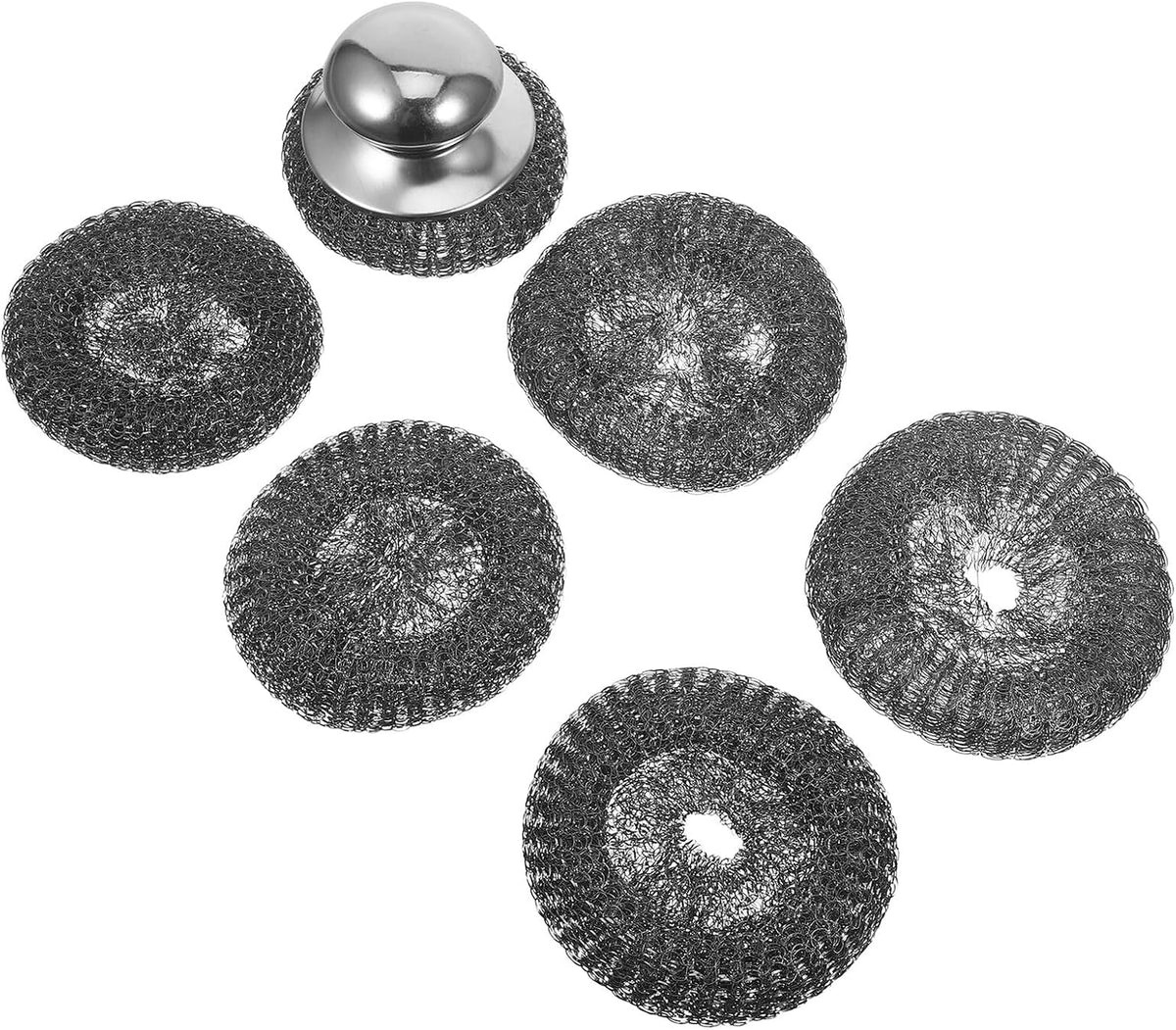 Heavy Duty Stainless Steel Pot Scrubber 1 Steel Wool Ball with 5 Replacement Pads Kitchen Pan Cleaning Brush for Home Dish Scouring and Wok Cleaning