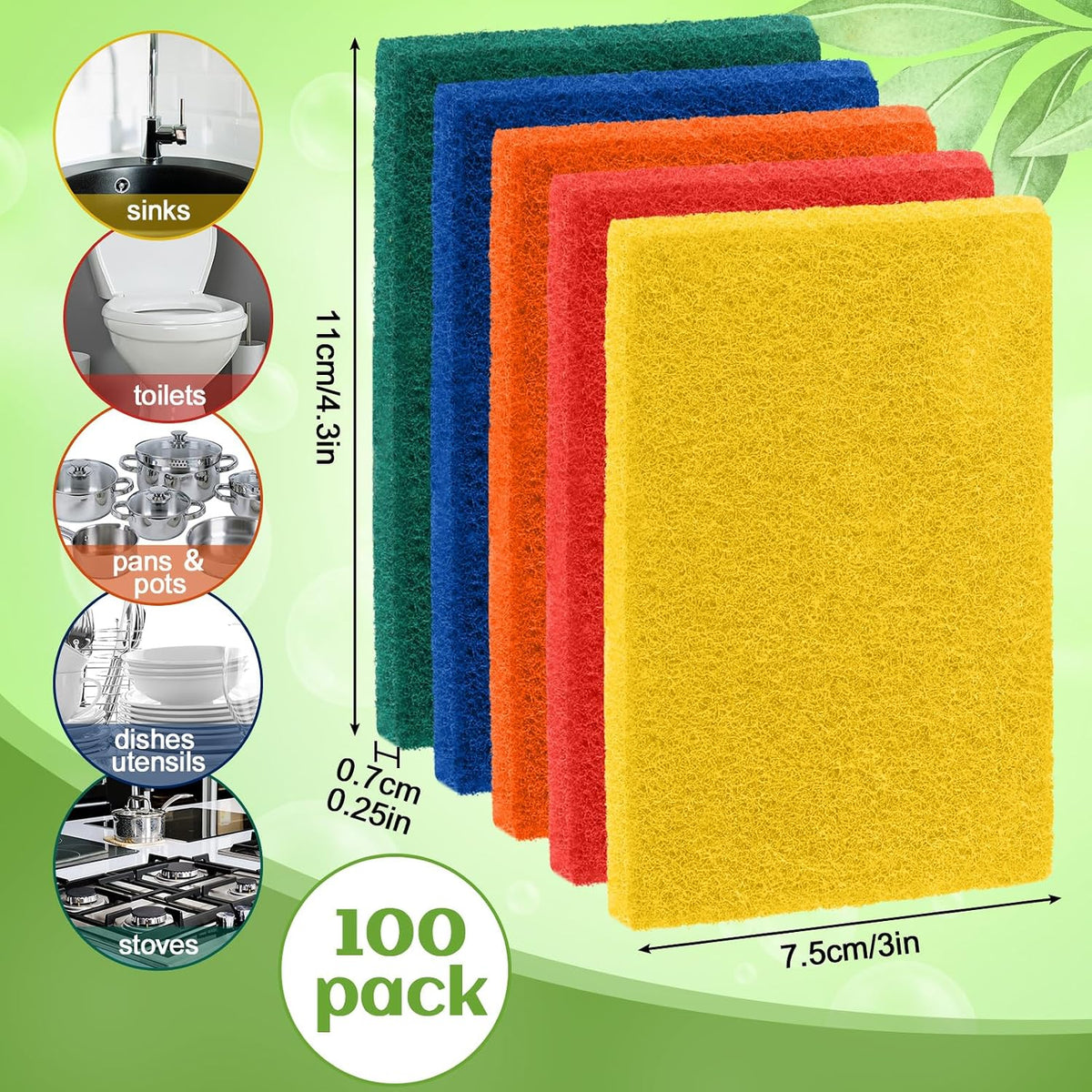 Hoolerry 100 Pcs Heavy Duty Scouring Pads Bulk for Kitchen Dish, Multicolor