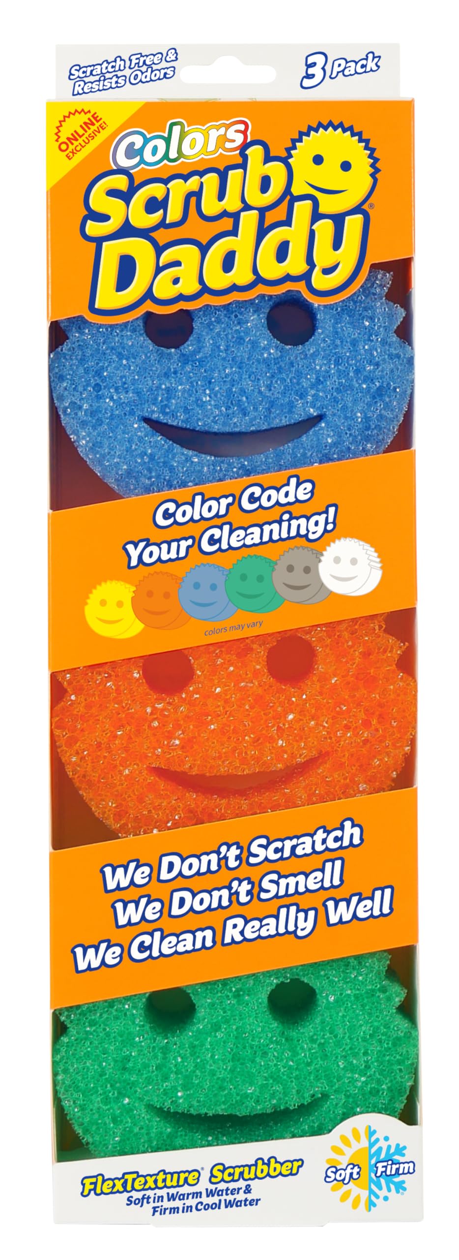Scrub Daddy Colors Kitchen Sponges - Scratch-Free Dishwashing Sponges & Sponge for Kitchen Sink, Bathroom & Household Cleaning - BPA-Free Polymer Foam (3 Count)
