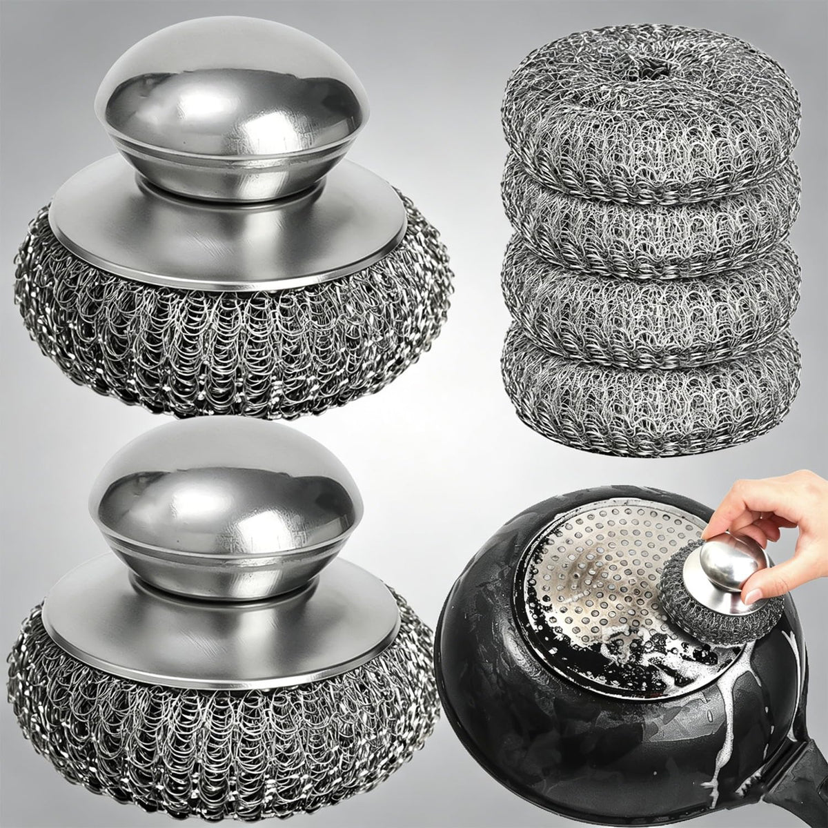 Stainless Steel Wool Scrubber with Handle, Heavy Duty Detachable Metal Steel Scrubber Pads for Cleaning Dishes, Cast Iron Pots, Stoves, Kitchen Sink (Silver,10cm)