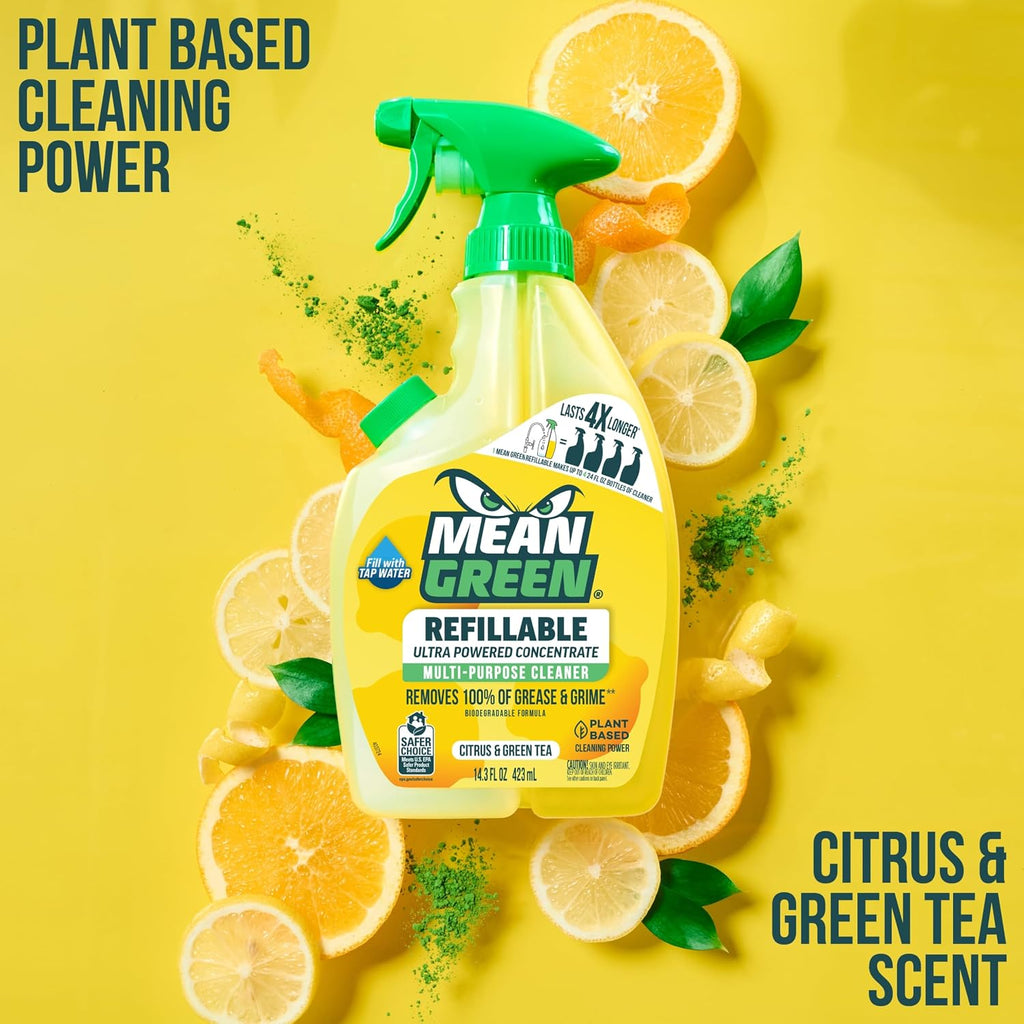 Mean Green Refillable Ultra Powered Multi-Purpose Cleaner Concentrate, Citrus & Green Tea, 14.3 fl oz (2-Pack) – Plant & Mineral Based, Cuts Through Grease & Grime, Refillable Bottle Makes 4X Refills