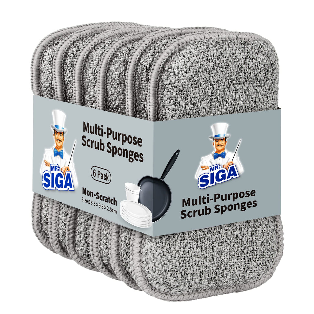 MR.SIGA Dual-Sided Scrub Sponges, Reusable Dishwashing Sponges, 6 Pack