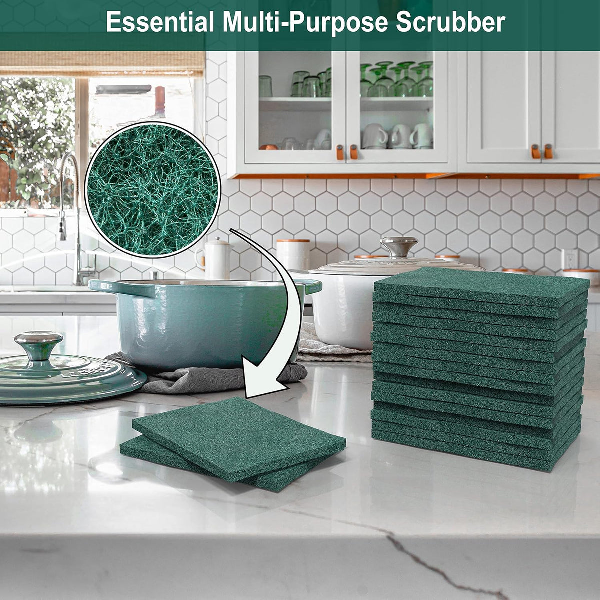 100-Pack Heavy Duty Green Scouring Pads 4x6 Inch | Reusable Non-Scratch Scrub Pads for Kitchen, Dishes, Pots, Pans, Grills & Household Cleaning | Multipurpose Scrubbers for Tough Stains