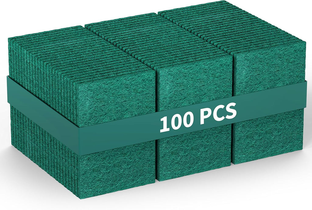 100-Pack Heavy Duty Green Scouring Pads 4x6 Inch | Reusable Non-Scratch Scrub Pads for Kitchen, Dishes, Pots, Pans, Grills & Household Cleaning | Multipurpose Scrubbers for Tough Stains